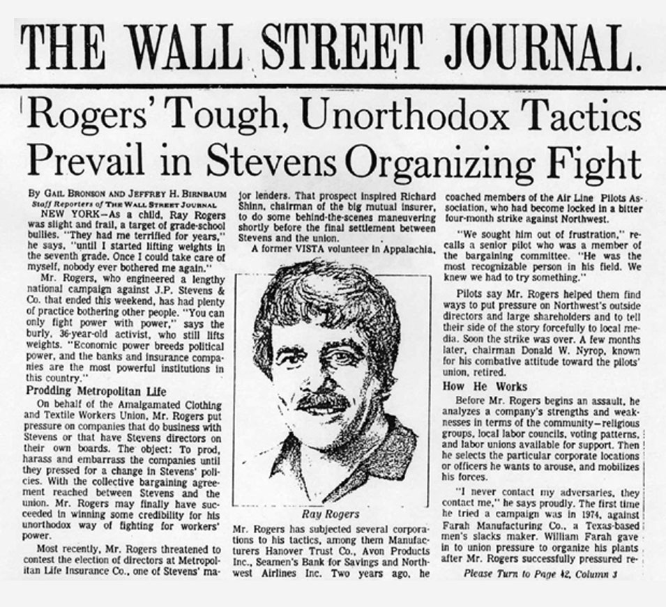 Ray Rogers of Corporate Campaign, Wall Street Journal Article 1980